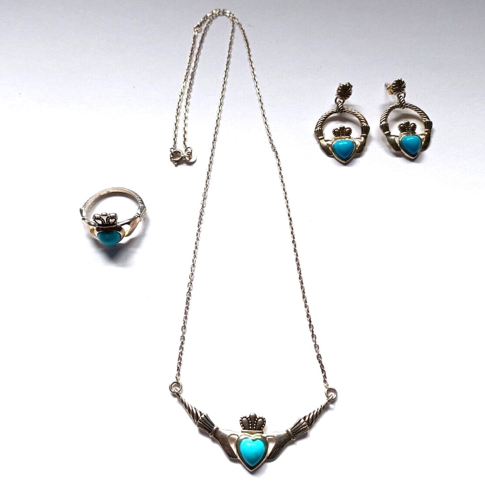 JMH IRELAND Sterling Silver turquoise claddagh heart necklace, earring, and ring